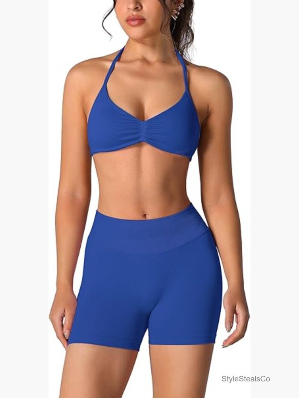 Seamless 2-Piece Workout Set Halter Sports Bra Scrunch Butt Shorts Size S
